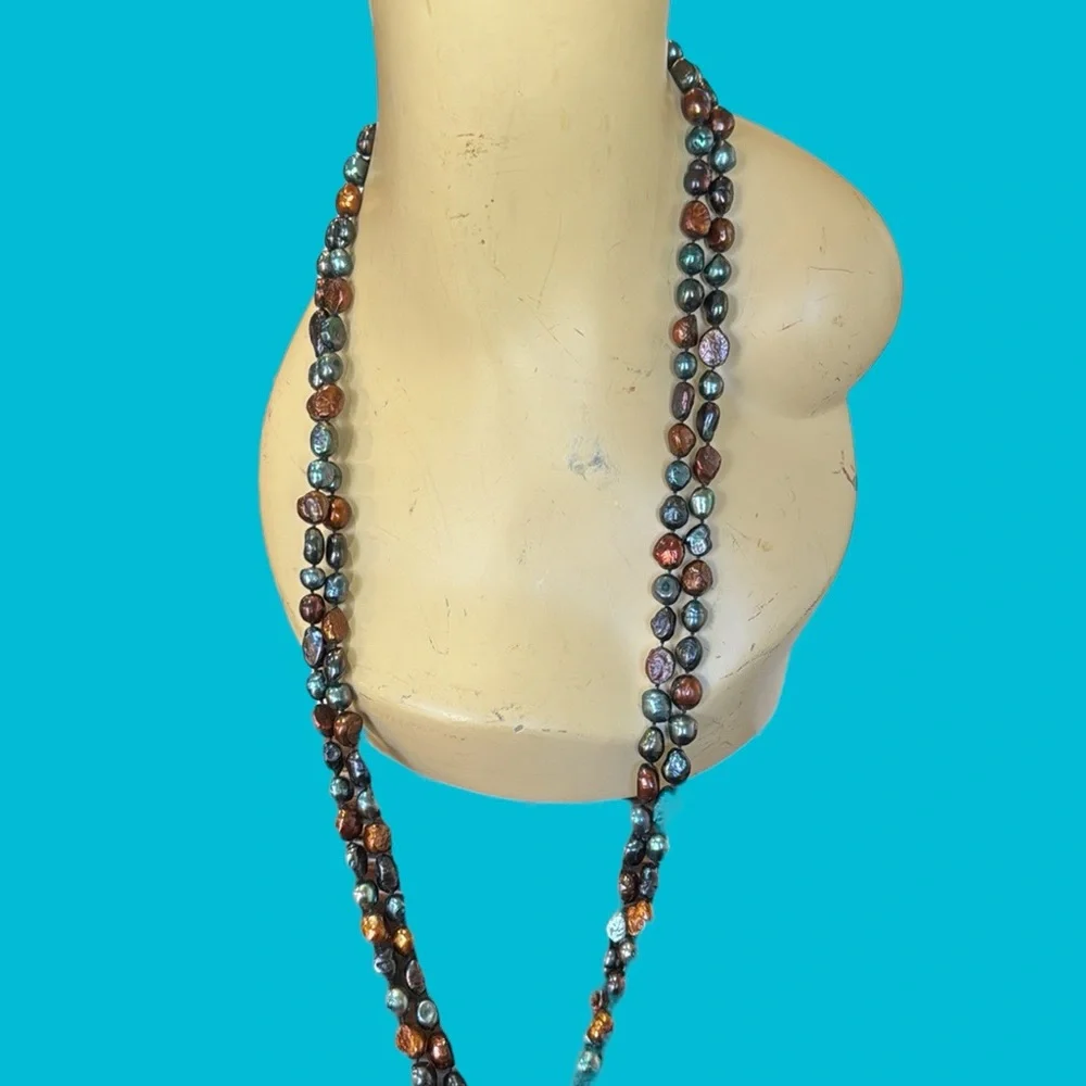HAND MADE‎ BROWN BLUE SEED BEADS LONG NECKLACE